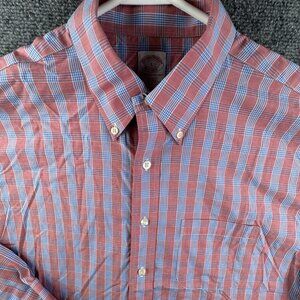 Brooks Brothers Large Button Up Shirt Men Long Sleeve Regular Plaid Orange Blue